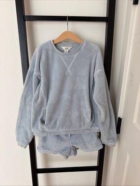 Athleta Light Blue Plush Pajama Set - Fleece Sweatshirt & Shorts